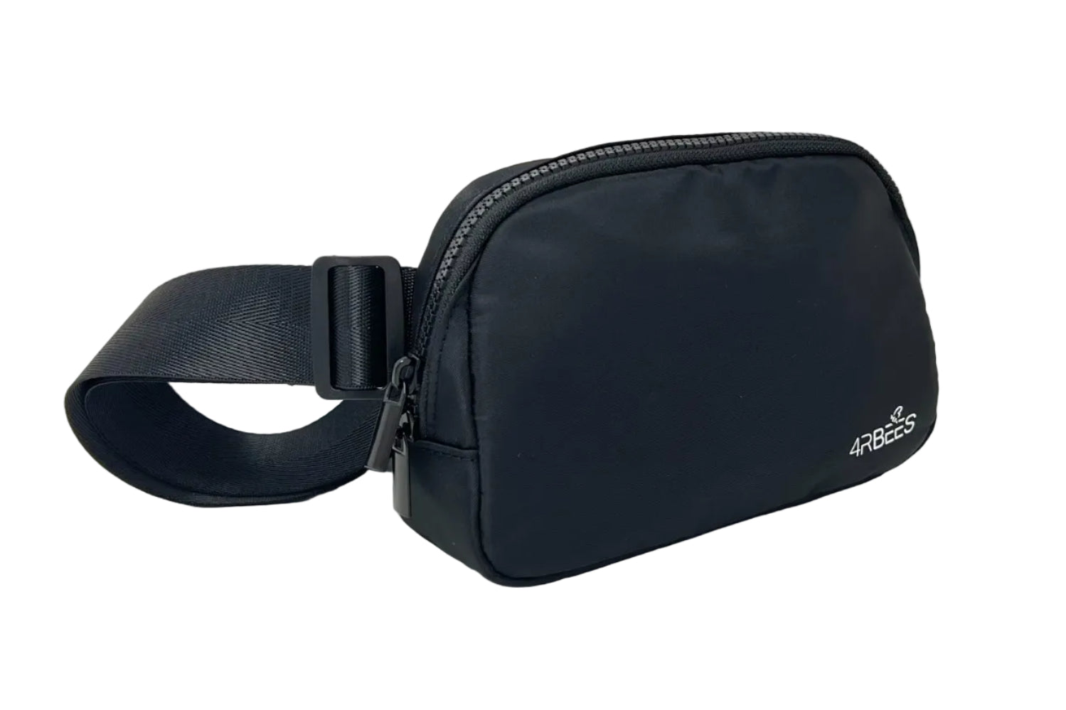 Black waist bag with a visible brand logo on a white surface