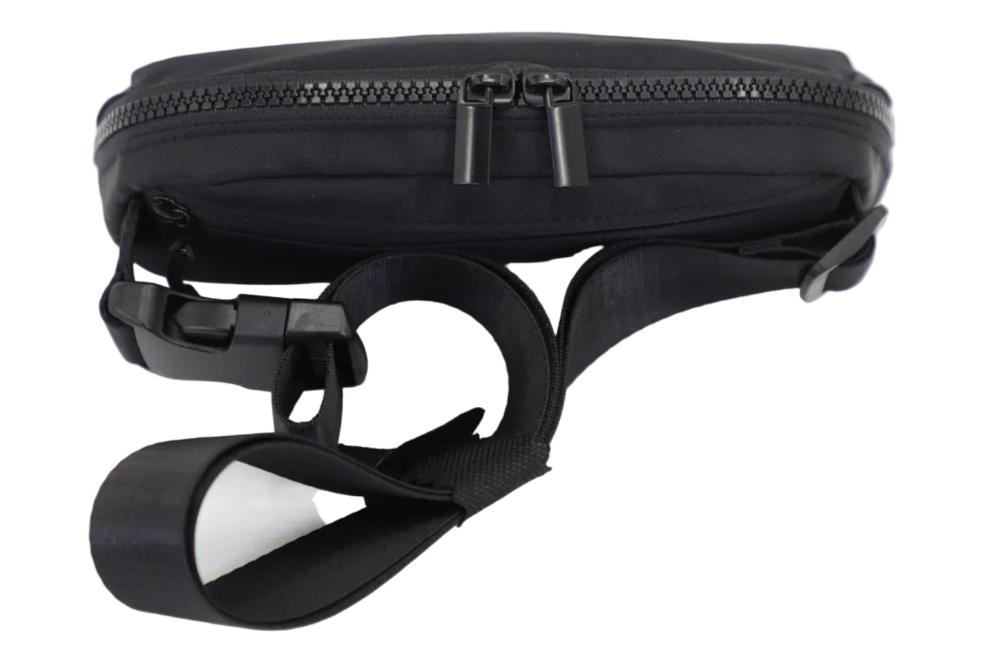 Black waist bag with a strap on a white background