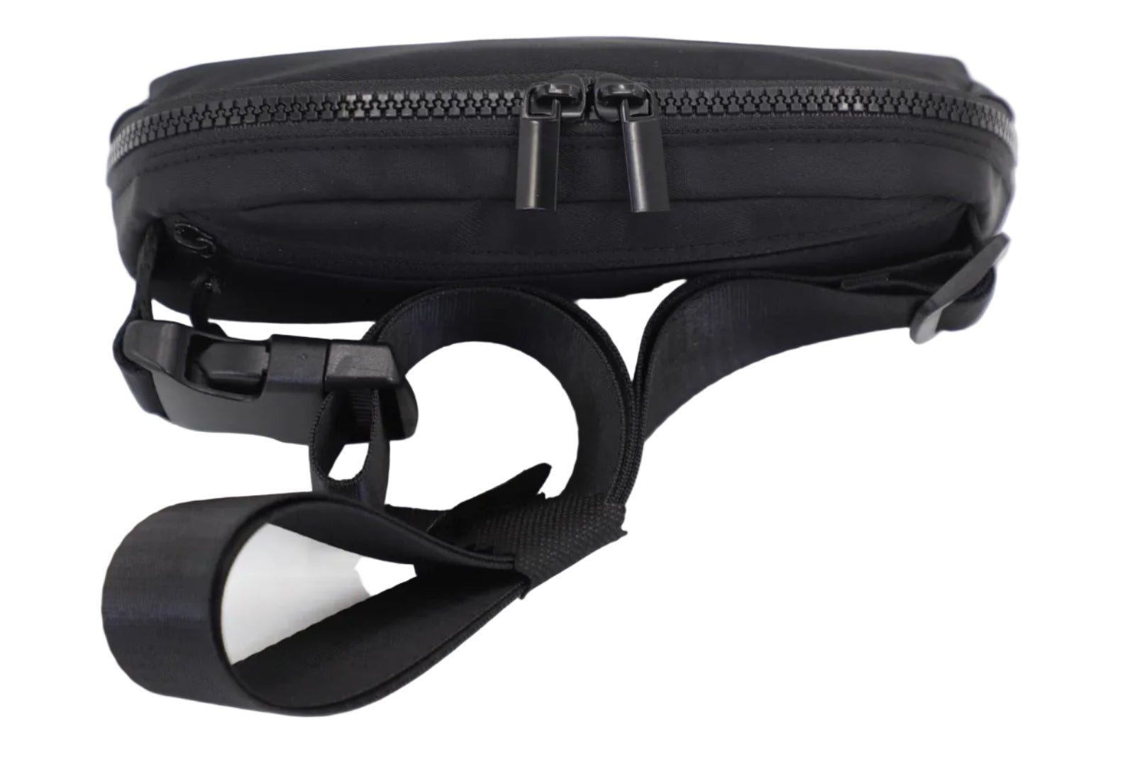 Black waist bag with a strap on a white background