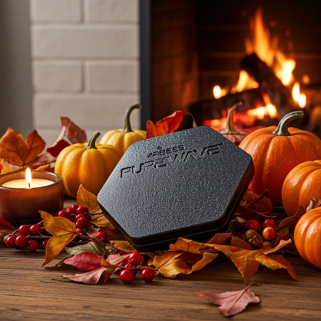 PureWave Cell by 4RBEES on a wooden surface with pumpkins and candles in front of a fireplace.